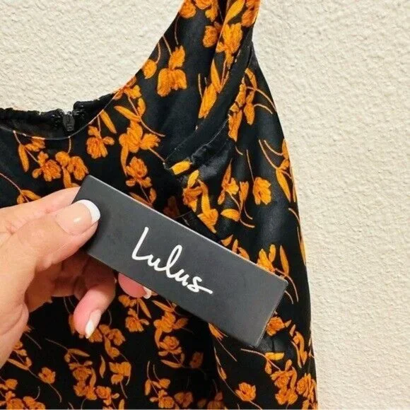 Lulu’s Gold Mine Black Multi Print Satin Asymmetrical Midi Dress Size Medium - Picture 8 of 12